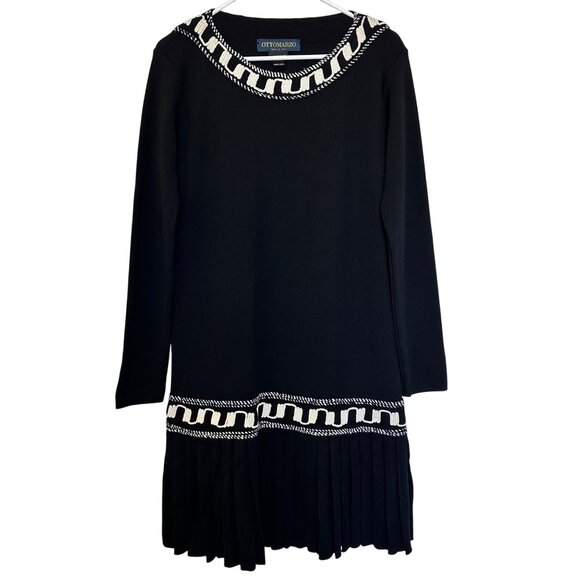 Otto Marzo 100% Wool Mini Pleated Drop Waist Long Sleeve Dress Size US 8 Black - Picture 1 of 14